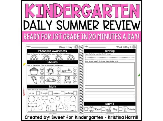 Kindergarten to 1st Grade Summer Learning Review Packet: Daily Practice Math Phonics and Writing Worksheets (PDF)