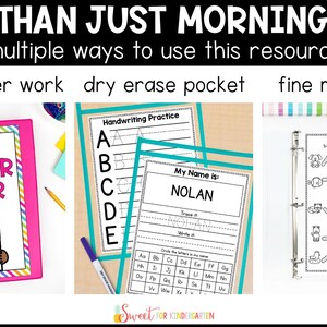 May include: A pink binder with the text "Early Finisher Binder" and a cartoon illustration of a child holding a pencil. A dry erase pocket with a handwriting practice sheet and a name sheet. A binder with a tracing practice sheet with a child's hand tracing lines.