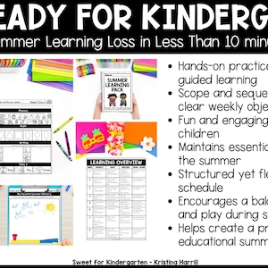 May include: A colorful educational resource titled "Get Ready for Kindergarten" with the text "Prevent Summer Learning Loss in Less Than 10 minutes a Day!" The image includes learning activities, a learning overview, and a "Summer Learning Pack".