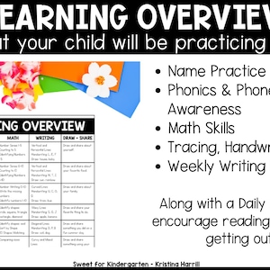 May include: A black and white educational chart titled "Learning Overview" with a list of weekly practices for children, including name practice, phonics, math skills, and writing prompts. Colorful decorative elements are in the top left corner.