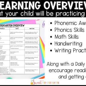 May include: A colorful kindergarten learning overview with the title "LEARNING OVERVIEW" in large, bold letters. The image lists phonemic awareness, phonics, math, handwriting, and writing practice skills. The text also includes a daily checklist for reading, playtime, and outdoor activities.