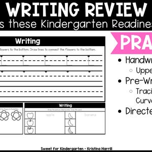 May include: A black and white worksheet titled "WRITING REVIEW" with "Kindergarten Readiness skills" listed. The worksheet includes handwriting practice, uppercase letters, pre-writing skills, tracing lines and curves, and directed drawing. The word "PRACTICE" is in a pink banner.