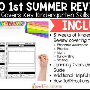 May include: A workbook titled "K TO 1st SUMMER REVIEW" with the text "Covers Key Kindergarten Skills." The image includes a list of skills covered, including phonics, math, and writing. Also included are colorful markers and crayons.