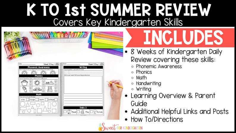 May include: A workbook titled "K TO 1st SUMMER REVIEW" with the text "Covers Key Kindergarten Skills." The image includes a list of skills covered, including phonics, math, and writing. Also included are colorful markers and crayons.