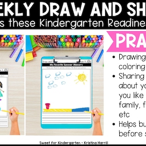 May include: Educational worksheet with the text "WEEKLY DRAW AND SHARE" and "includes these Kindergarten Readiness skills". The worksheet includes drawing and writing prompts, with the text "I like going to the pool".