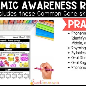 May include: A worksheet titled "Phonemic Awareness Review" with the text "includes these Common Core skills." The worksheet includes phonics and math sections, with the word "PRACTICE" in a red banner. A hand holds a pink crayon.