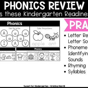 May include: A phonics review worksheet for kindergarten readiness skills. The worksheet includes tracing and dabbing letters, coloring pictures, and identifying beginning sounds. The pink banner says "PRACTICE: Letter Recognition and Letter Sounds, Phoneme Isolation, Rhyming, Syllables."