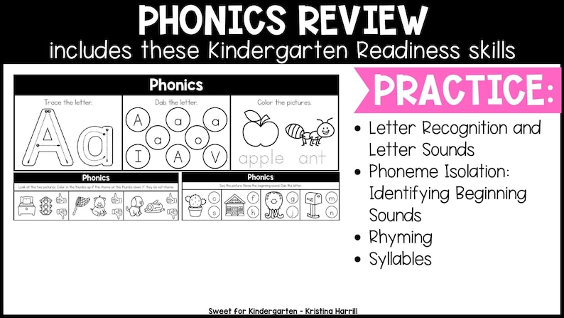 May include: A phonics review worksheet for kindergarten readiness skills. The worksheet includes tracing and dabbing letters, coloring pictures, and identifying beginning sounds. The pink banner says "PRACTICE: Letter Recognition and Letter Sounds, Phoneme Isolation, Rhyming, Syllables."
