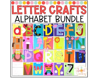 May include: A colourful alphabet craft bundle for preschool and kindergarten. Each letter of the alphabet is displayed with a different animal or object, such as a bee, a duck, a pig, and a zebra. The letters are made from colourful paper and are displayed on a white background. The title "Letter Crafts Alphabet Bundle" is at the top of the image.