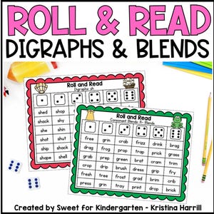 May include: Educational game titled "Roll & Read Digraphs & Blends." Two colourful game boards with dice and word lists. The top text is pink, and the bottom text is black. Includes pencils and other school supplies.
