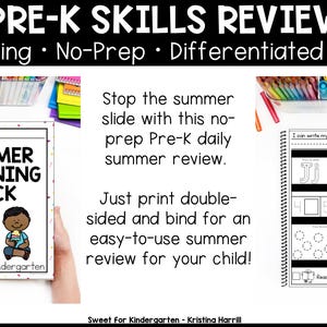 May include: A Pre-K skills review workbook with the title "Summer Learning Pack" held by hands. The cover features cartoon children and the text "Ready for Kindergarten." The workbook includes daily review pages for phonics, math, and writing.