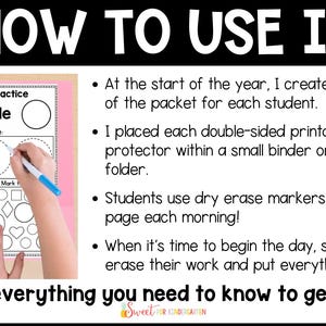 May include: A black and white printable worksheet with the word "circle" and a circle shape to trace, draw, and mark. The worksheet is part of a binder with a pink cover. The text "How to Use It" is at the top of the image. The text "Includes everything you need to know to get started!" is at the bottom of the image.