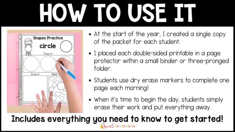 May include: A black and white printable worksheet with the word "circle" and a circle shape to trace, draw, and mark. The worksheet is part of a binder with a pink cover. The text "How to Use It" is at the top of the image. The text "Includes everything you need to know to get started!" is at the bottom of the image.