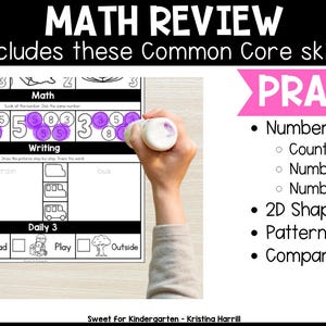 May include: A worksheet titled "MATH REVIEW" with math and writing exercises. The worksheet includes number sense, counting, writing, and recognition, 2D shapes, patterns, and comparing sizes. A hand is holding a marker over the worksheet.