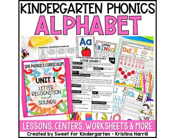 May include: A collection of educational materials for kindergarten phonics, including worksheets, lesson plans, and center activities. The image features the word "ALPHABET" in pink, along with the text "LESSONS, CENTERS, WORKSHEETS & MORE".