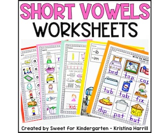 Puede incluir: Un conjunto de hojas de trabajo educativas tituladas SHORT VOWELS WORKSHEETS, creadas por Sweet for Kindergarten - Kristina Harrill. Las páginas presentan bordes coloridos y varios ejercicios que incluyen trazar letras, colorear dibujos y escribir palabras.