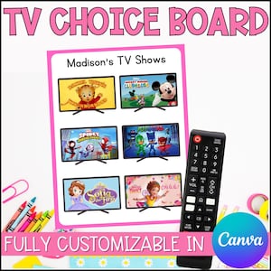 Op de afbeelding: Een tv-keuzebord met de titel Madison's TV Shows met zes televisieschermen die verschillende kinderprogramma's weergeven. Een zwarte afstandsbediening staat aan de rechterkant. De tekst TV CHOICE BOARD en FULLY CUSTOMIZABLE IN Canva zijn zichtbaar.