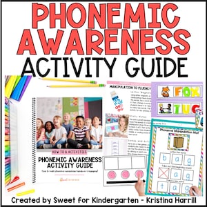 Puede incluir: Una colorida guía educativa titulada "Phonemic Awareness Activity Guide" con texto en rojo y negro. La guía incluye imágenes de niños, ejemplos de actividades y el texto "How to & Activities". Se ven lápices y rotuladores.