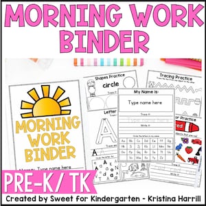 Pre-K Morning Work Binder: Practice Handwriting, Alphabet, Numbers, Homeschool Preschool Activity (Reusable Digital Download)