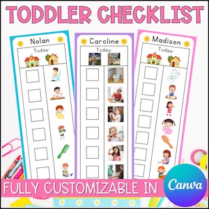 May include: A printable checklist for toddlers with three different versions, each with a different name: Nolan, Caroline, and Madison. Each checklist has a section for "Today" and includes images of activities like brushing teeth, getting dressed, and playing.