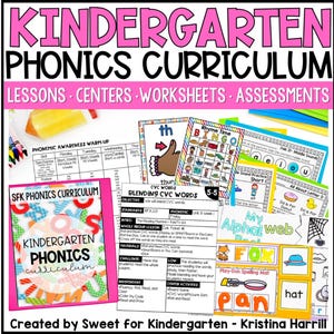 Complete Kindergarten Phonics Curriculum Lessons Activities Worksheets Games & Phonemic Awareness Homeschool Science of Reading Program