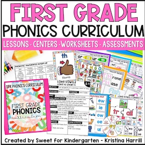 May include: A collection of educational materials for first grade phonics, including lessons, centers, worksheets, and assessments. The materials feature colorful illustrations and text, with titles like "Long Vowels" and "3 Letter Blends Bingo". The text "First Grade Phonics Curriculum" is prominently displayed.