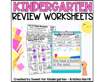 Kindergarten Summer Review Worksheets: Math, Phonics, Handwriting (Digital Download)