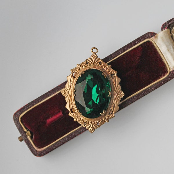 Antique victorian mourning locket pendant with forest green paste stone, in 15ct rolled gold