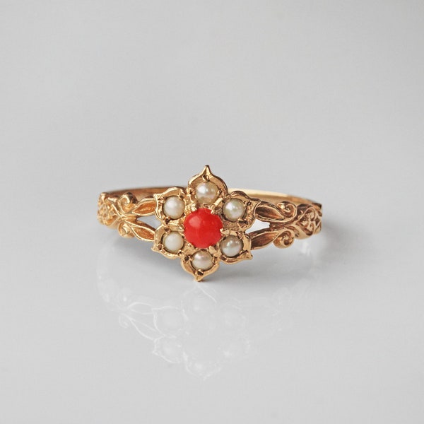 NOW RESERVED 1/1 - *do not buy* - Antique edwardian seed pearl & coral flower ring, in 9 carat gold