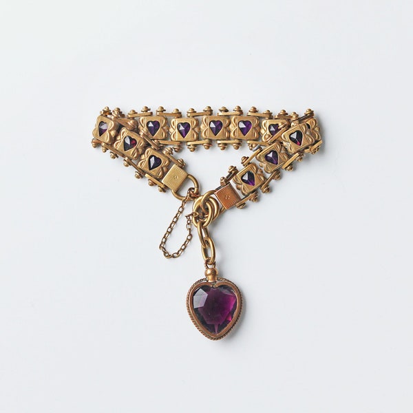 Antique victorian love heart amethyst paste book chain panel link bracelet, crafted in gilt pinchbeck