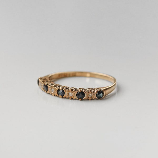 Vintage dainty diamond & sapphire eternity channel stacking ring, in 9 carat gold