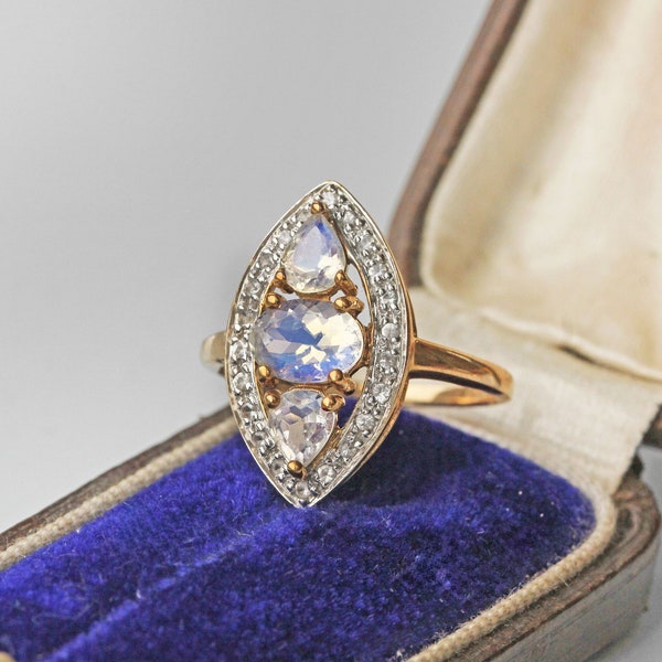 Vintage diamond & oval teardrop cut moonstone trilogy navette ring, in 9 carat yellow gold