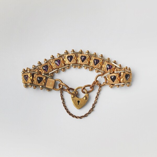 Antique victorian love heart amethyst paste book chain panel link bracelet, crafted in gilt pinchbeck