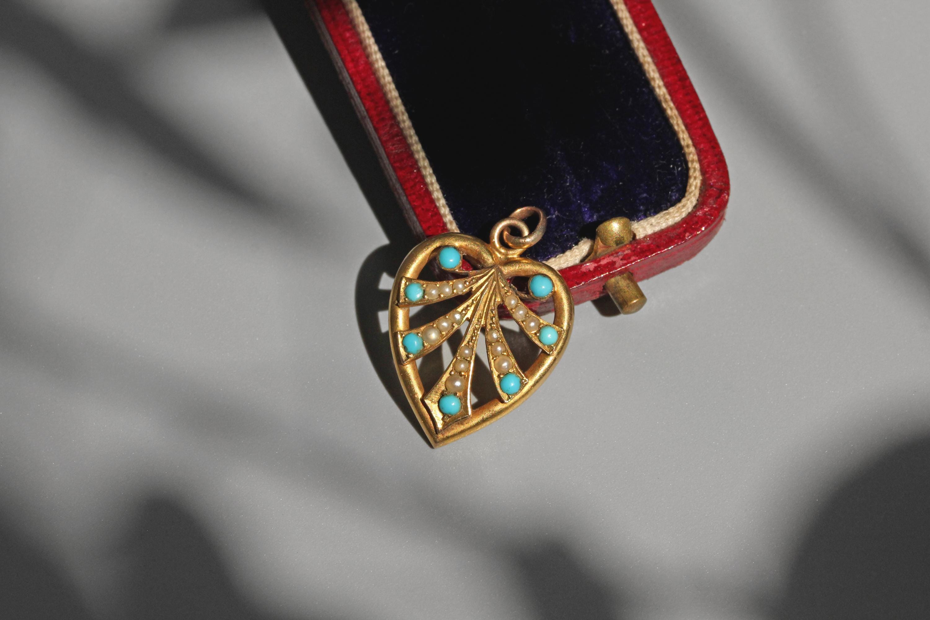 アンティークビクトリア朝のターコイズとパールのハートペンダント、9