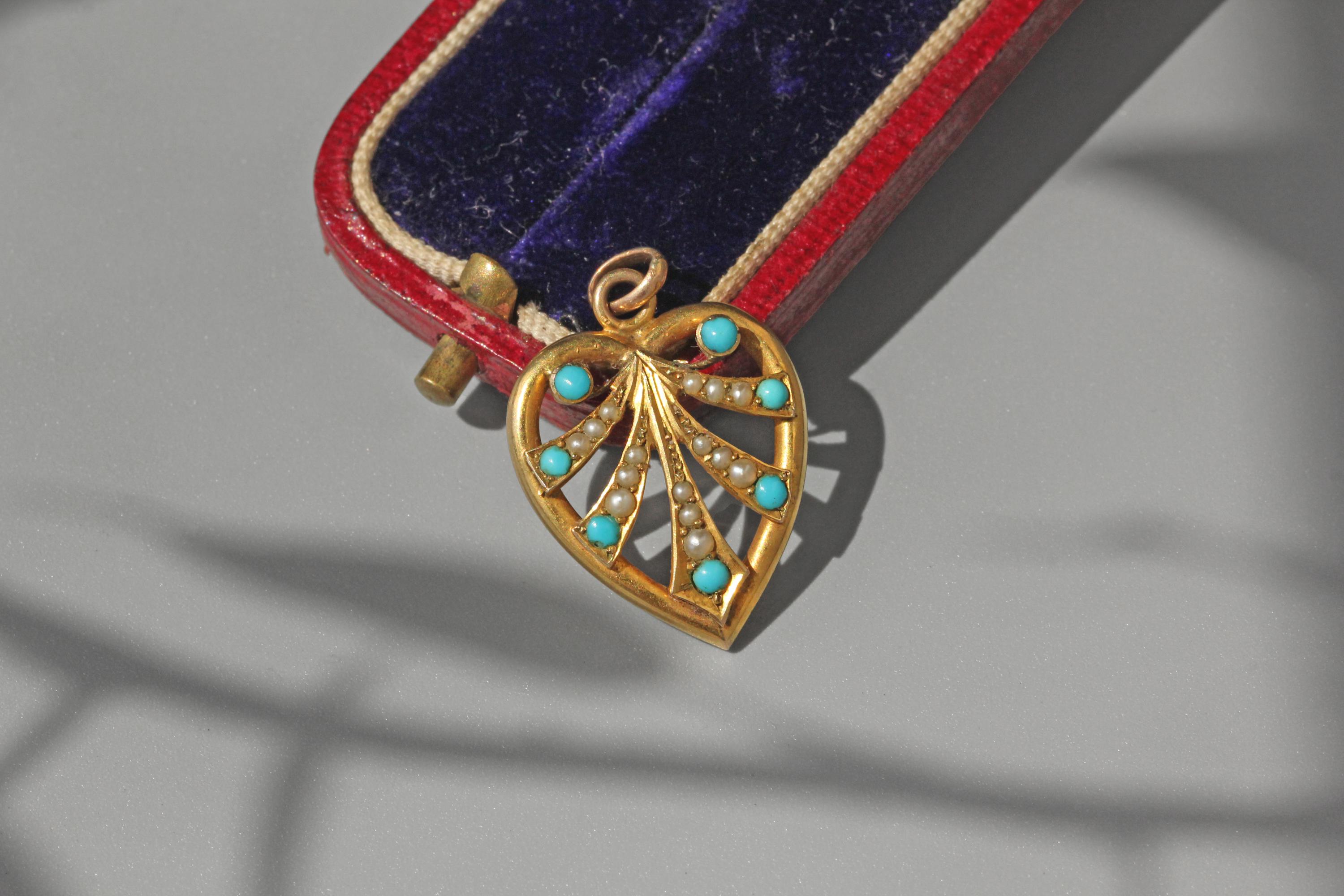 アンティークビクトリア朝のターコイズとパールのハートペンダント、9