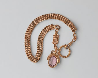 Antique edwardian double curb link chain with amethyst glass spinner fob & bolt ring, in 14ct rolled gold