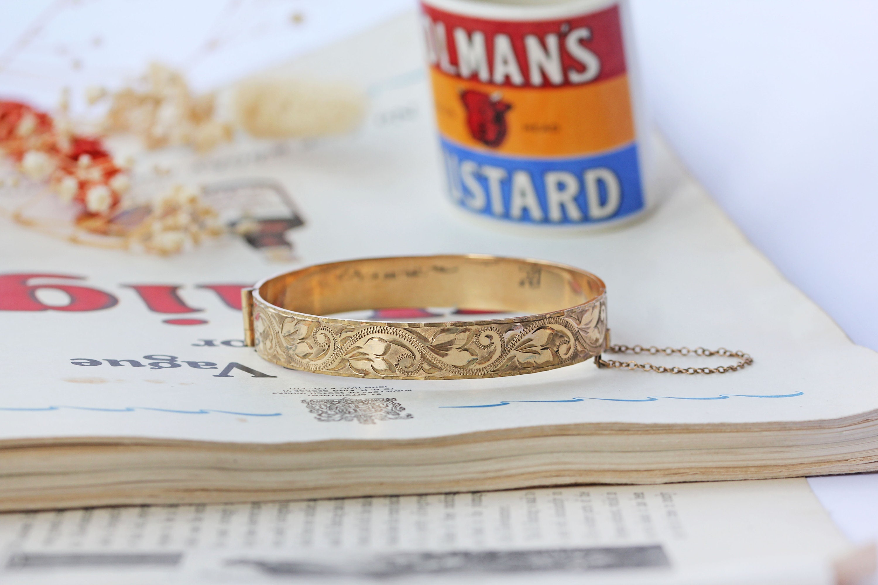 Vintage Mid Century 9ct Rolled Gold Bracelet Cuff Bangle, With Original