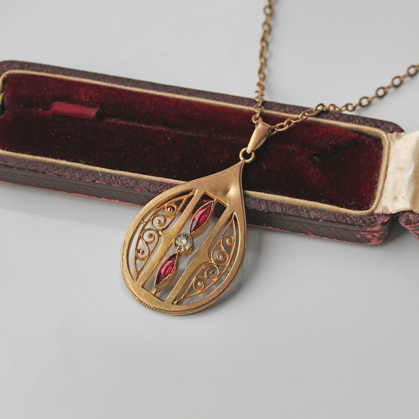 Antique rose gold art nouveau paste stone pendant necklace with 18" dainty cable chain