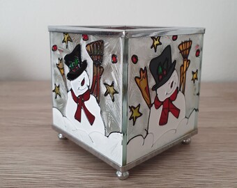 Candle Holder Glass Art Home Decor with Snowman