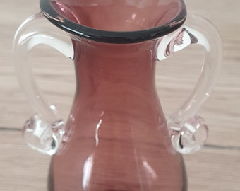 Small Blown Murano Glass Vase, rotten cherry color with applied white glass handles