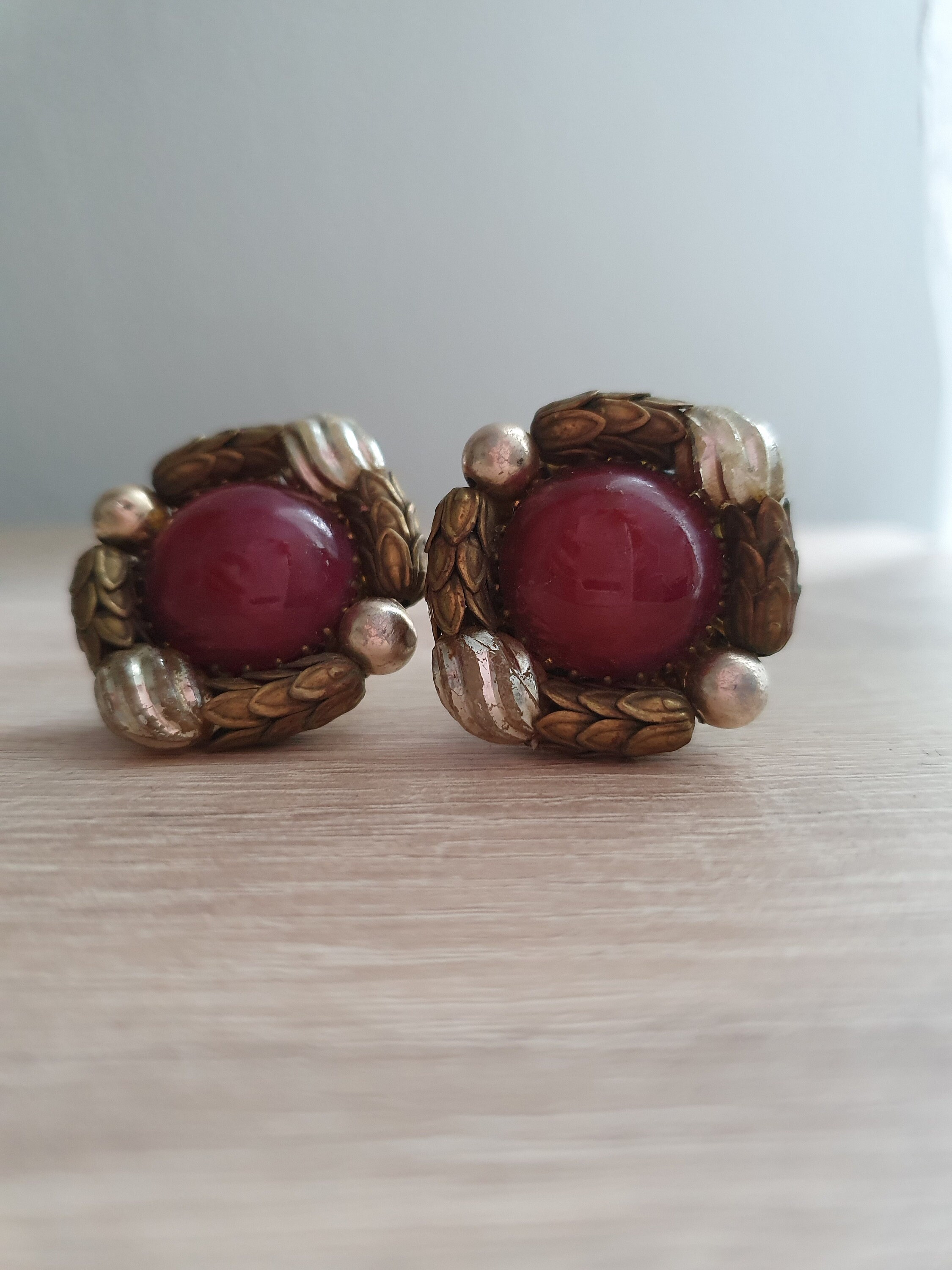 Boucles D'oreille Clip Vintage - Or Et Bordeaux Marbré - Style Rétro