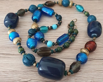 Vintage Venetian Necklace with Painted Glass Pearls and Blue Coral in different shades.