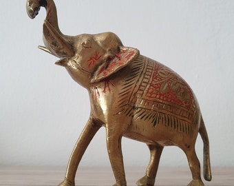 Vintage Brass Elephant Statue: Painted Indian Temple Decor