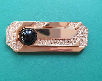 Vintage Golden Brooch with Crystals, Rhinestones and a Black Pearl, Brand P&M Paris France