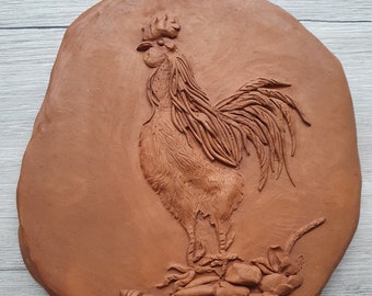 Vintage Rooster Decoration in Brown Terracotta