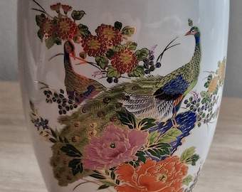 Japanese White Porcelain Vase: Peacock & Floral Design