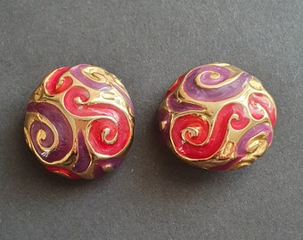 Retro Earrings Clip-on Vintage 1970 clips, Gold, Enamelled.