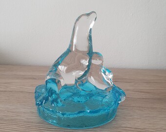 Vintage Art Crystal Mama Seal with pup, blue color made by Royal Crystal Rock