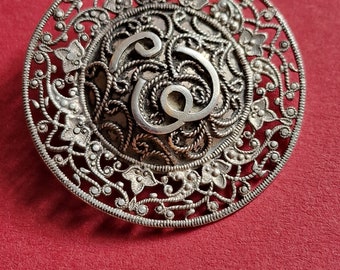 Vintage Filigree Sterling Silver Brooch - Handmade Arabic Design