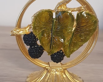 Vintage 1970s Gilded Metal Letter Holder: Enamel Raspberry Decor